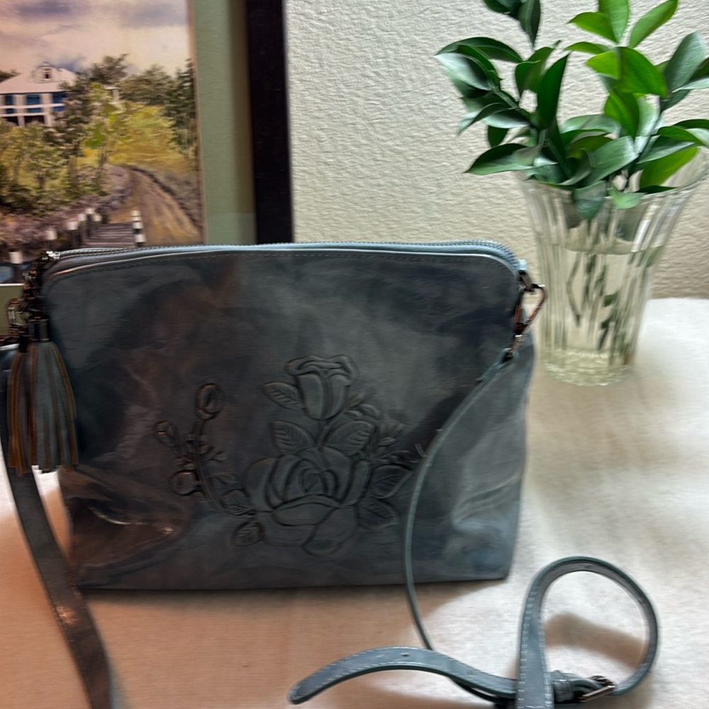 Meitrue Shoulder Bag/Purse Rose Design Adjust Strap Blue Faux Leather Zip Tassel